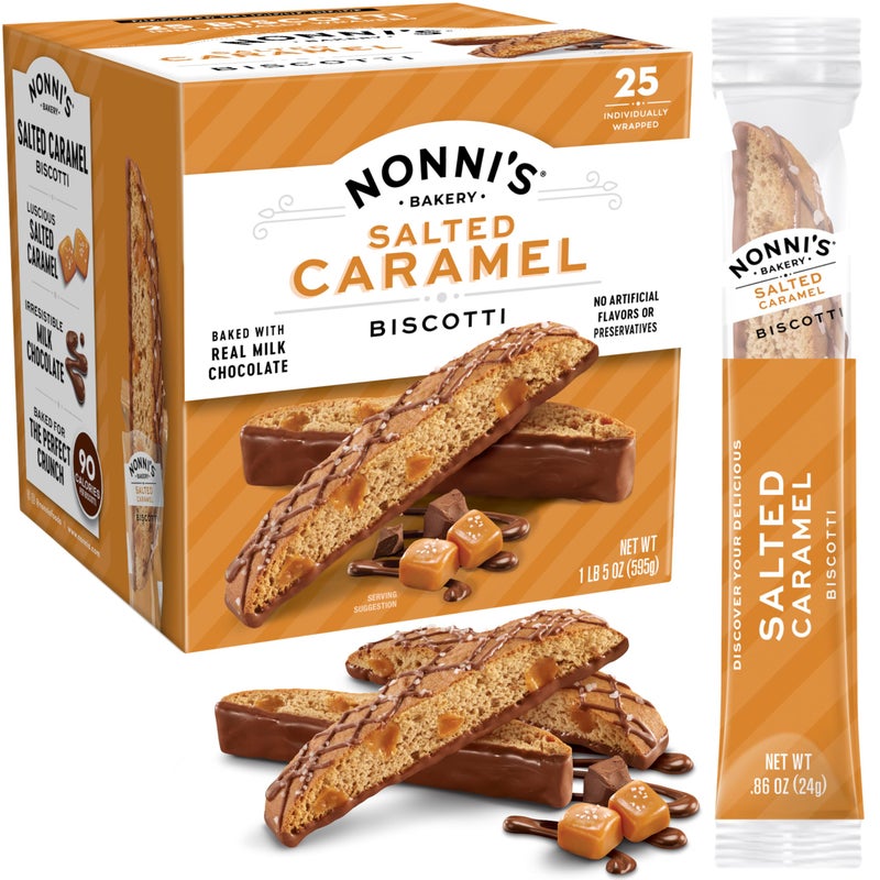 Nonni's Salted Caramel Milk Chocolate Biscotti Cookies - Individually Wrapped Italian Coffee Snack, Crunchy Twice-Baked, 90 Cal Each, 21 oz Carton - Image 1